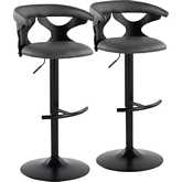 Gardenia Adjustable Swivel Bar Stool in Black Wood, Black Metal & Grey Leatherette (Set of 2)